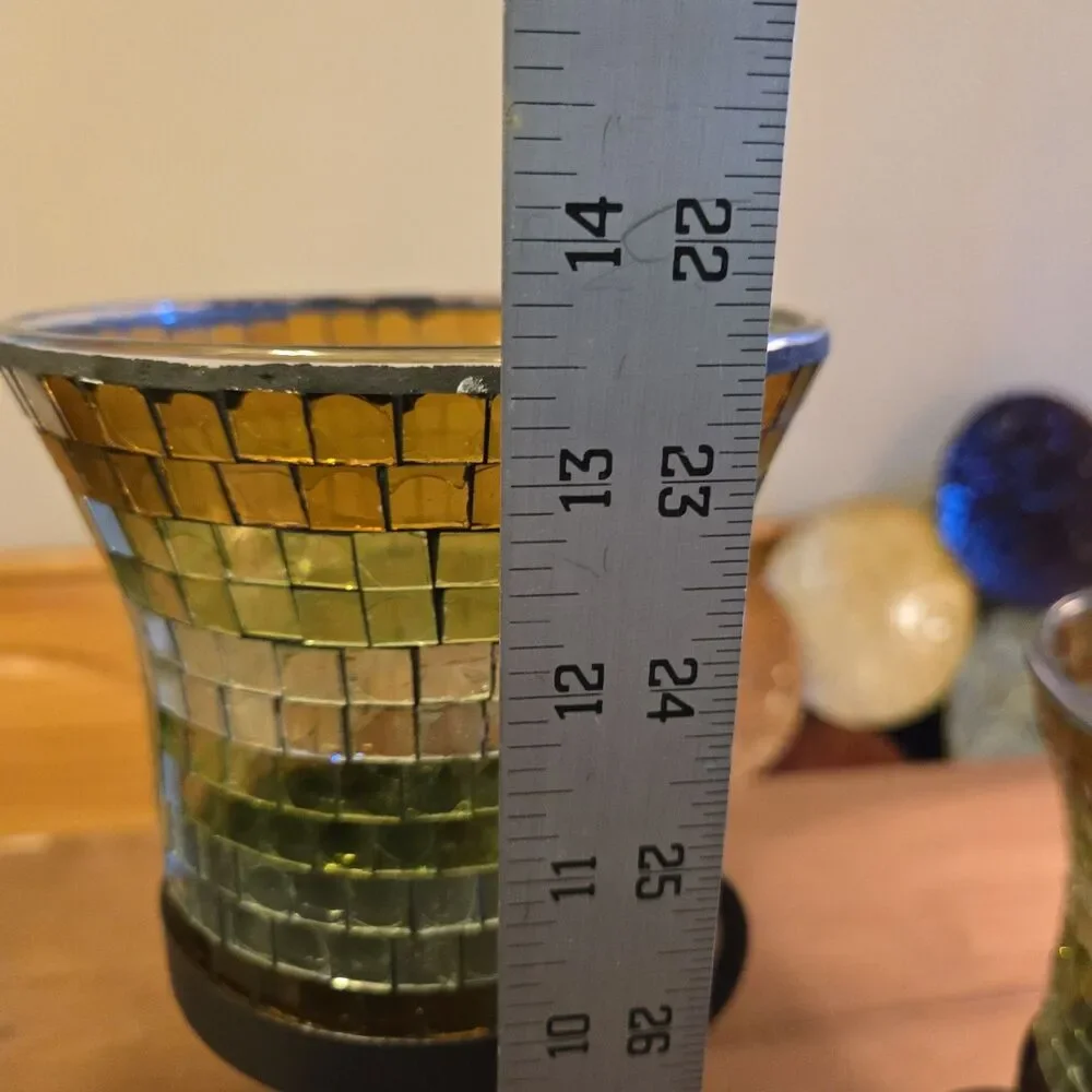 Set Of 2 Partylite Amber Green Mosaic Glass & Iron Global Fusion Candle Holders - Picture 6 of 8